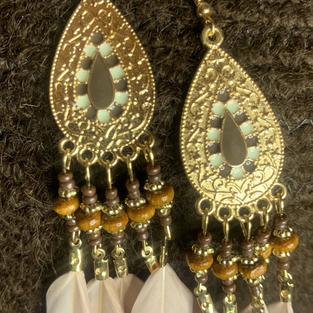 Brown Feather and Bead Earrings - Picture 5 of 7